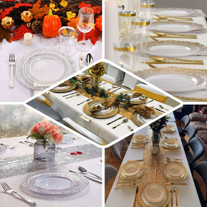 Elegant table settings with decorative plates and autumn accents.