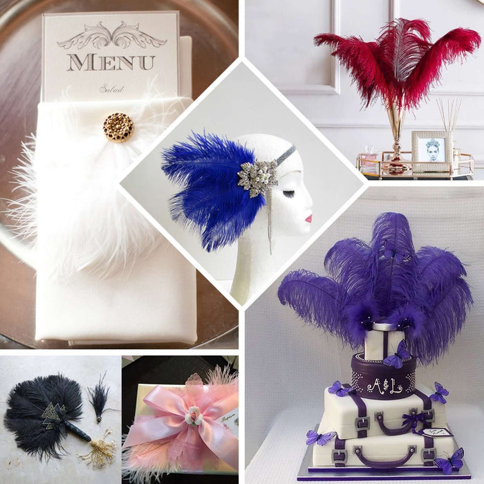Feather accessories and decor in various colors for elegant events.