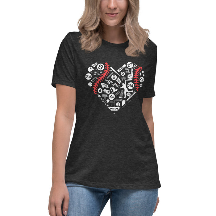 photo of woman wearing black women's t-shirt with design with heart shaped design with red sox fenway park designs