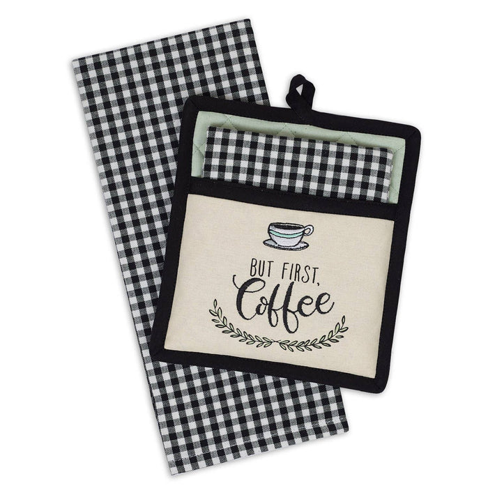 But First, Coffee Checked Kitchen Hand Towel & Potholder Gift Set