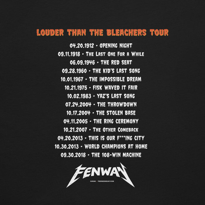 Back of black t-shirt reading "Louder Than the Bleachers Tour" in orange distressed lettering, with 15 significant Red Sox dates and events listed in tour date format, including Opening Night 1912 through the 108-Win Machine in 2018, with "FENWAY" logo at the bottom
