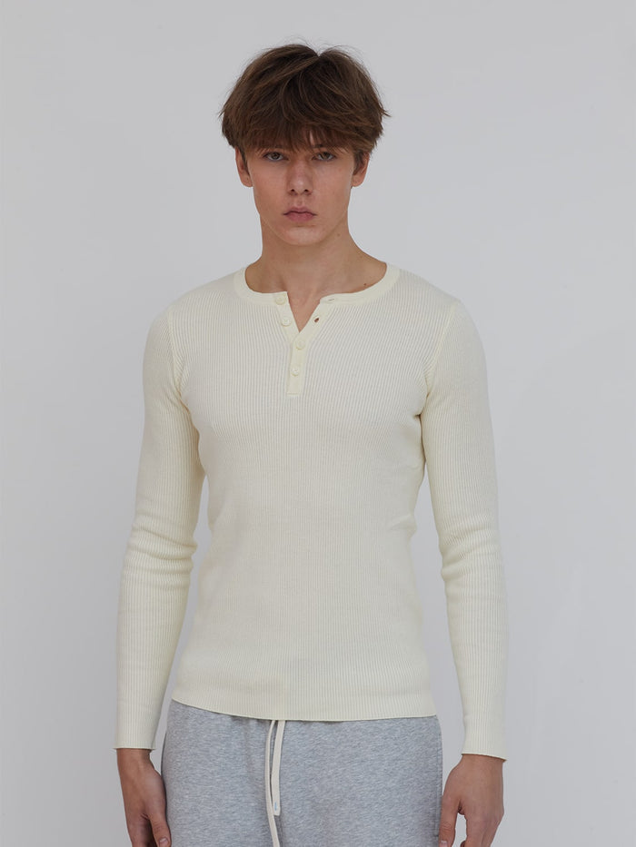 Fitted Rib-Knit Henley in Cream