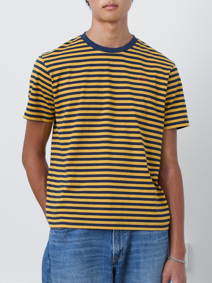 Men's Navy & Yellow Striped T-Shirt Close Up