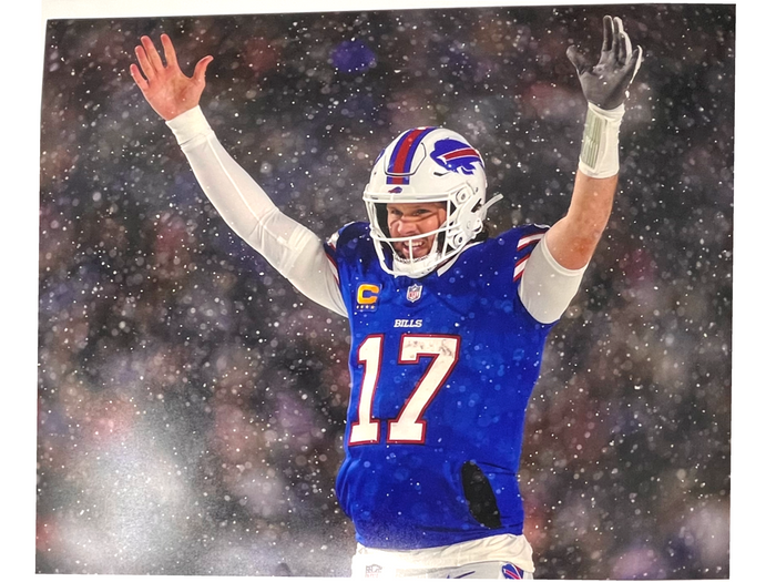 Josh Allen Unsigned Arms Up in Blue in Snow Photo
