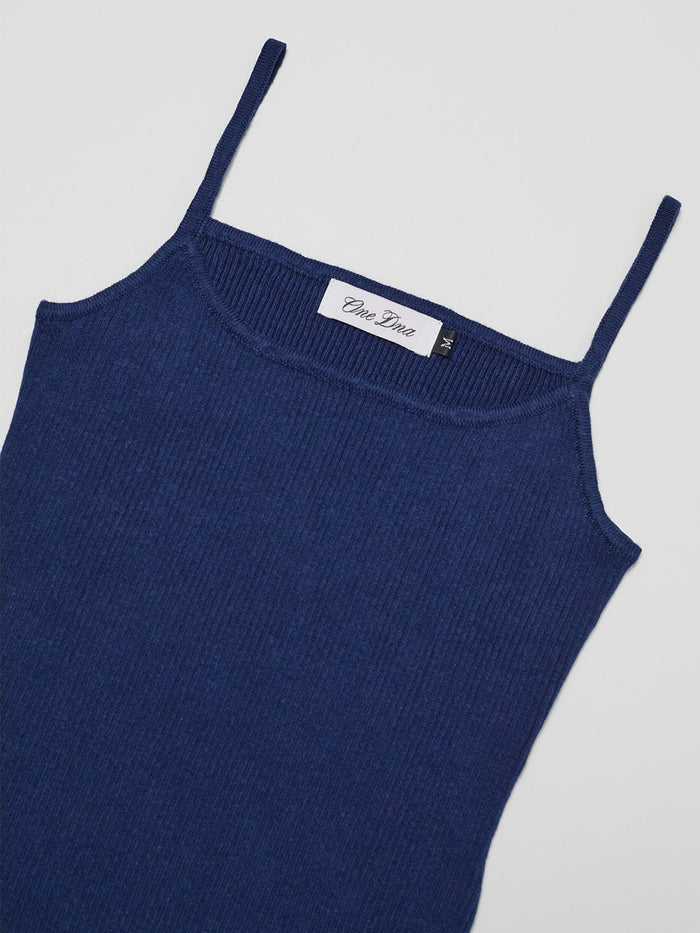 Detail of navy ribbed cami by ONE DNA clothing