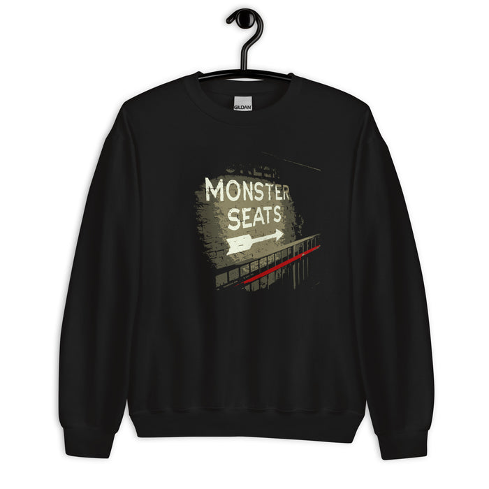 Monster Seats-The Red Seat Design with the words Monster Seats painted on a wall fenway park boston on black crewneck sweatshirt