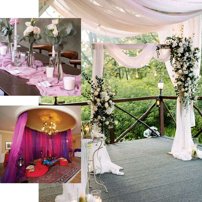 Event decor featuring floral arrangements and draped fabrics in a beautiful setting.