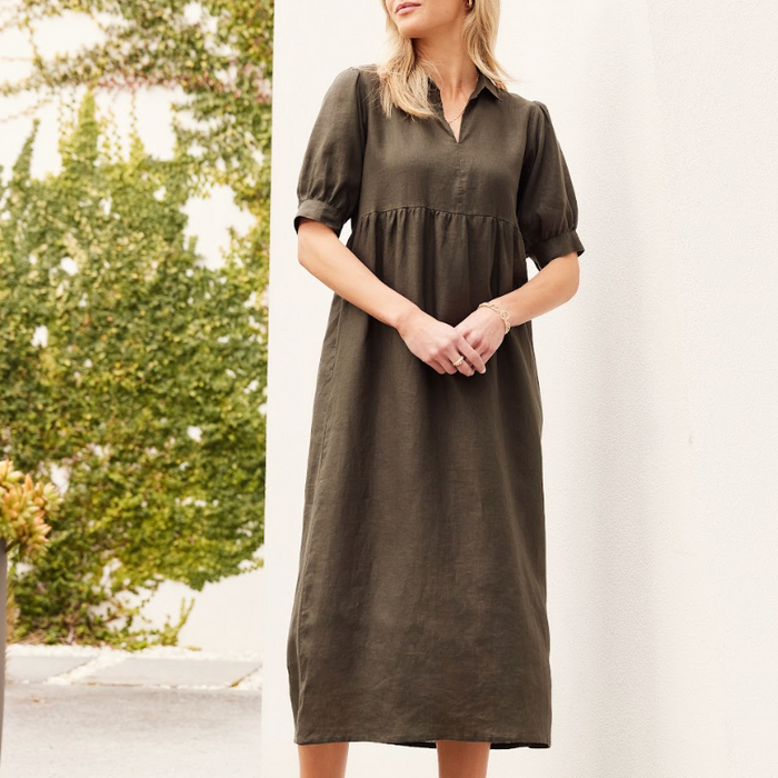 Puff Sleeve Linen Dress Dark Khaki (Sirocco)