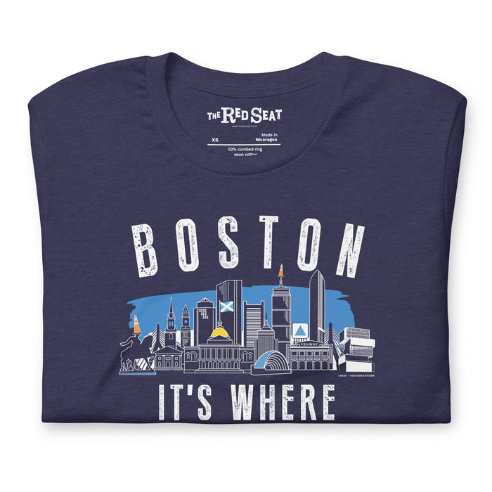 Navy blue t-shirt with 'Boston It's Where I Want to Be' design folded and tartan army