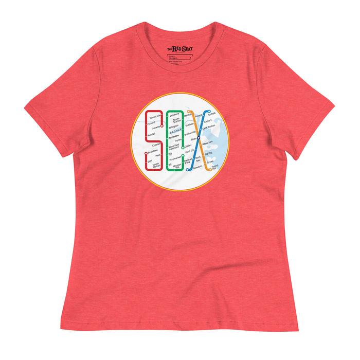 Boston MBTA design as Red Sox stops using the word Sox, on red women's t-shirt