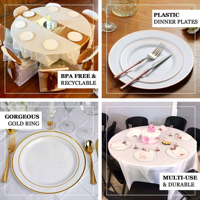 Dinnerware set featuring plastic dinner plates and elegant gold ring accents.