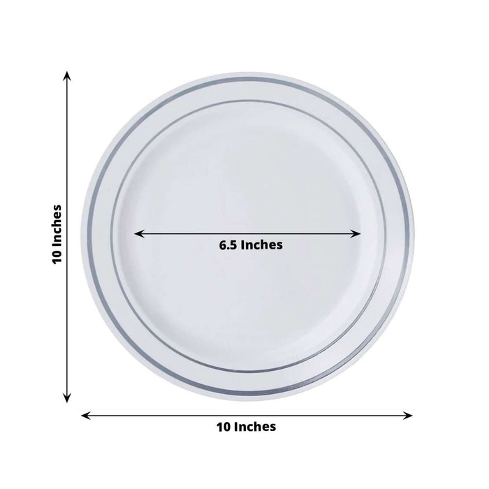 White dinner plate with blue rim, 10 inches diameter.