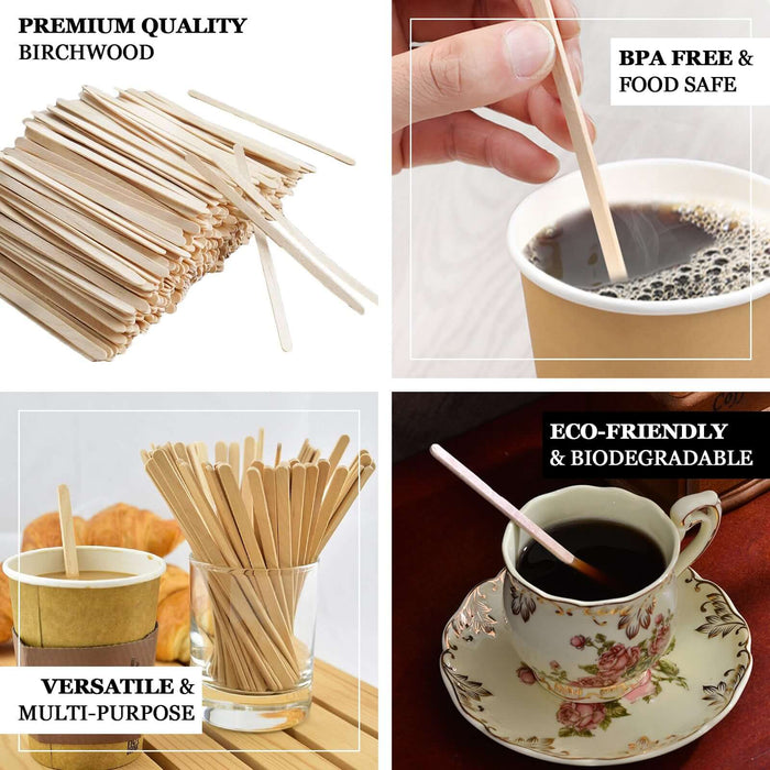 Premium quality birchwood stirring sticks, eco-friendly, BPA-free, and food safe.