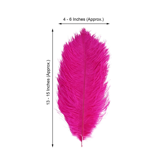 Bright pink feather measuring 13-15 inches long and 4-6 inches wide.
