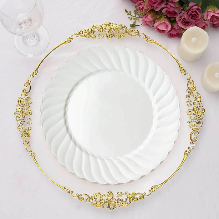 Elegant white plate with gold floral rim on a decorative setting.