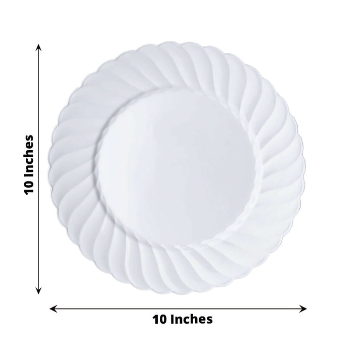 White decorative plate, 10 inches in diameter, with a scalloped edge design.
