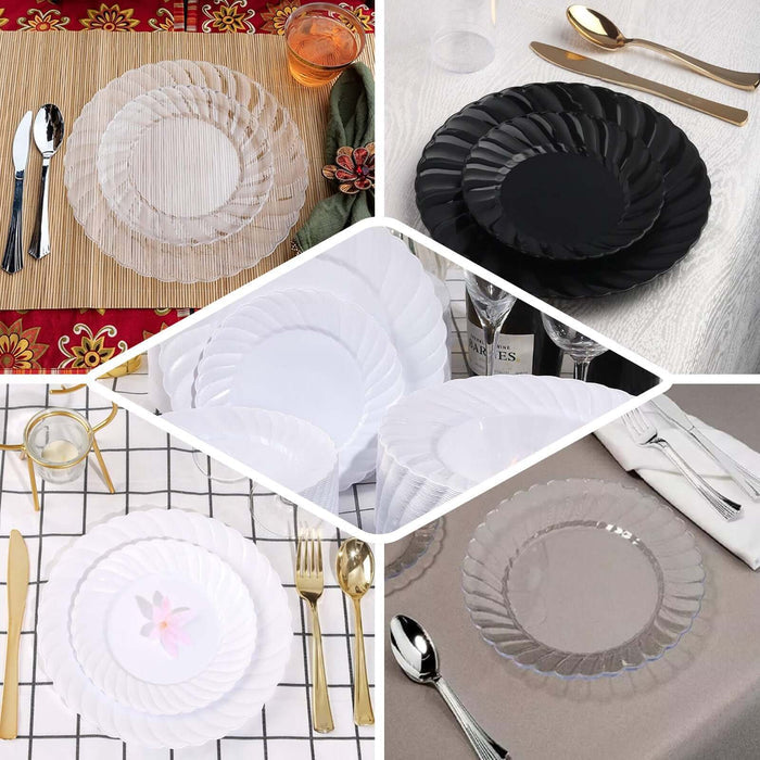 Set of elegant plastic plates in black, white, and clear styles for any occasion.