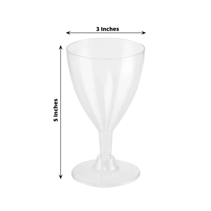 Clear plastic wine glass, 3 inches wide and 5 inches tall.