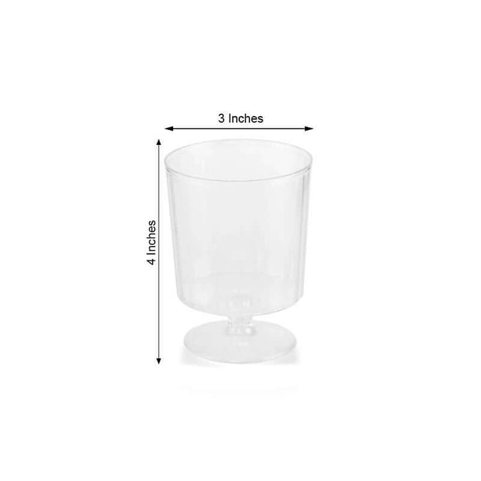 Clear plastic cup with a pedestal base, 4 inches tall and 3 inches wide.