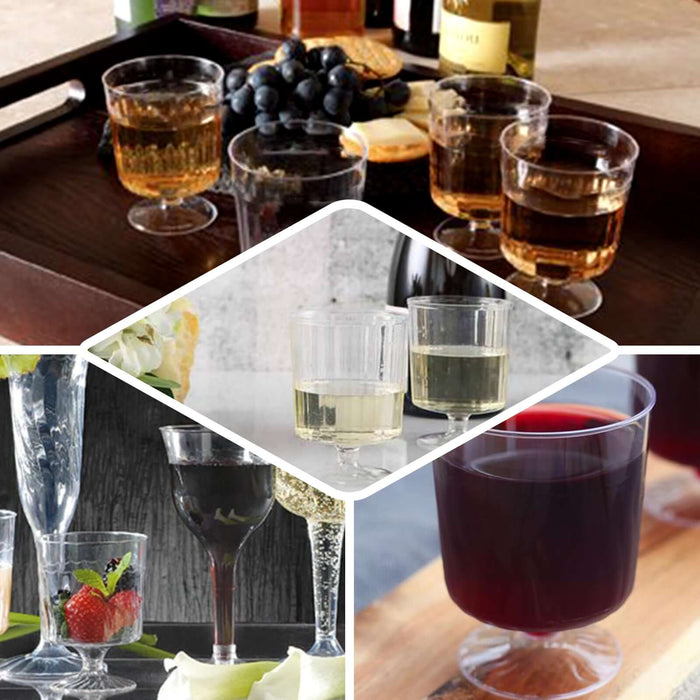 Assorted elegant drinkware with various beverages in stylish settings.
