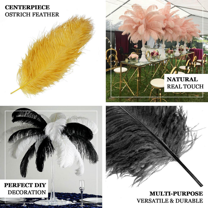 Decorative ostrich feather in gold, ideal for centerpieces and DIY projects.