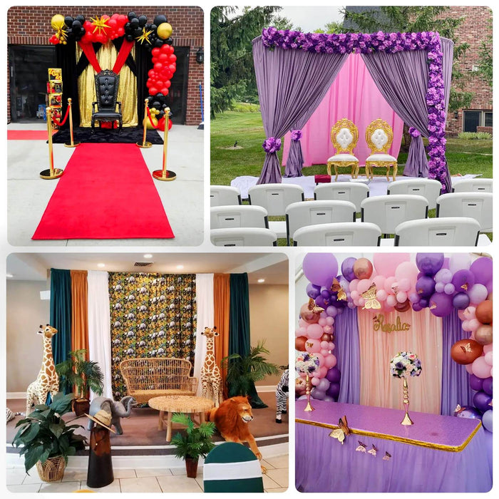 Decorative event setups with backdrops and seating for celebrations.