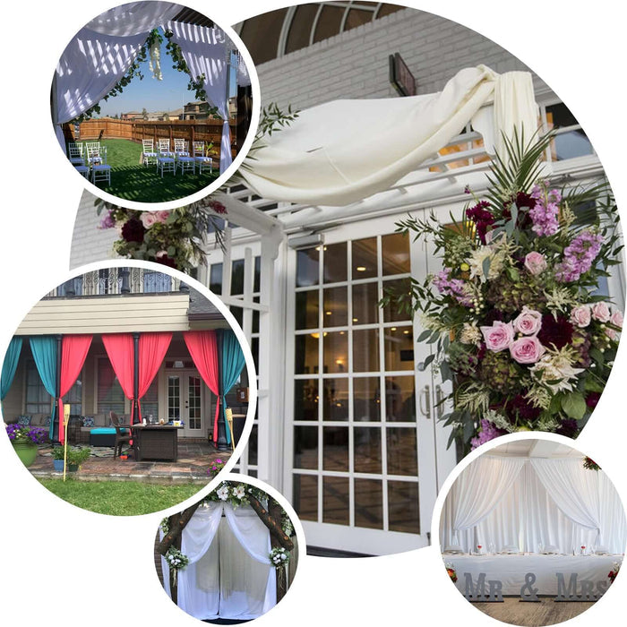 Wedding decor featuring floral arrangements and draped fabric in various settings.