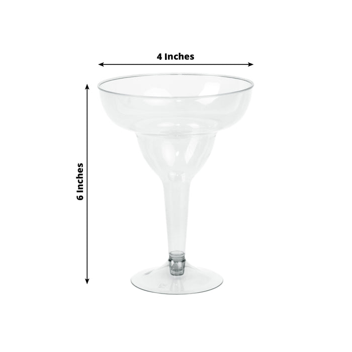 Clear margarita glass, 4 inches wide and 6 inches tall.