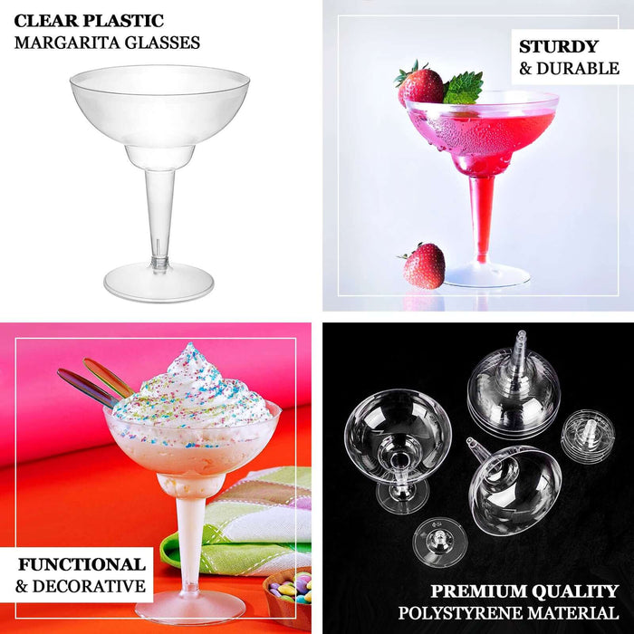 Clear plastic margarita glasses in various styles, showcasing durability and quality.
