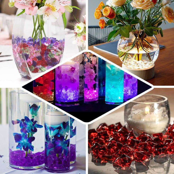 Colorful decorative glass gems in various floral arrangements and displays.