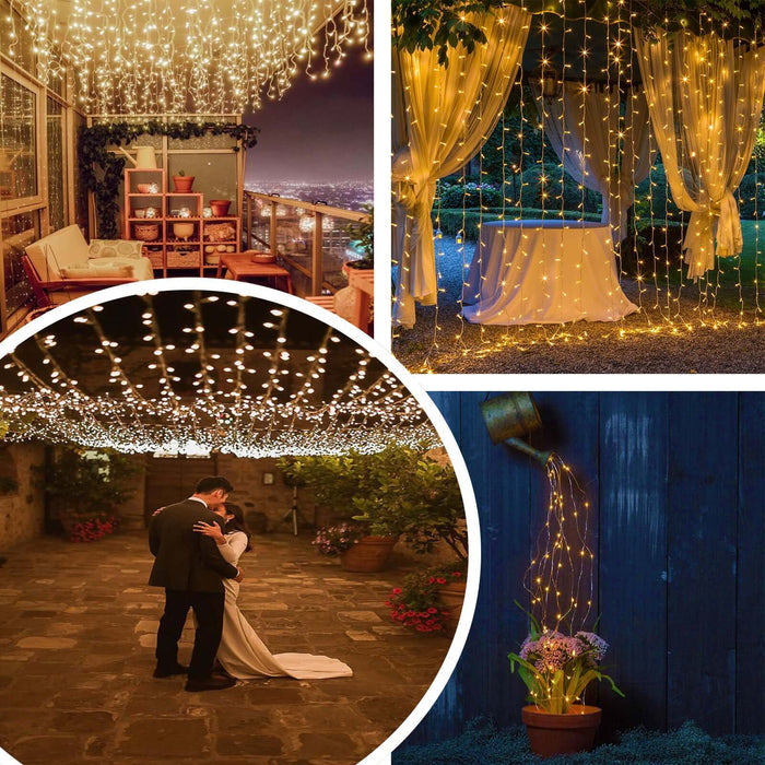Romantic string lights in various enchanting settings for weddings and events.