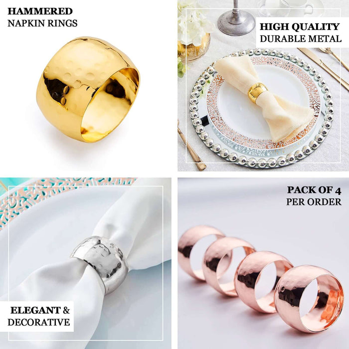 Hammered metal napkin rings in gold, silver, and rose gold, set of 4.