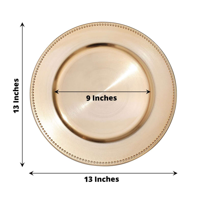 Gold charger plate measuring 13 inches with a 9-inch center.
