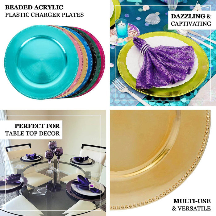Beaded acrylic plastic charger plates in vibrant colors for versatile table decor.