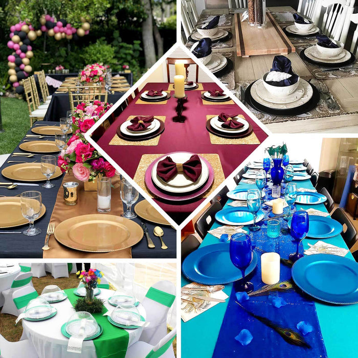 Elegant table settings for various events with colorful decorations and coordinated tableware.