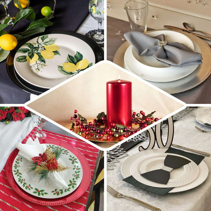Elegant dinner plates and festive table settings for holiday celebrations.