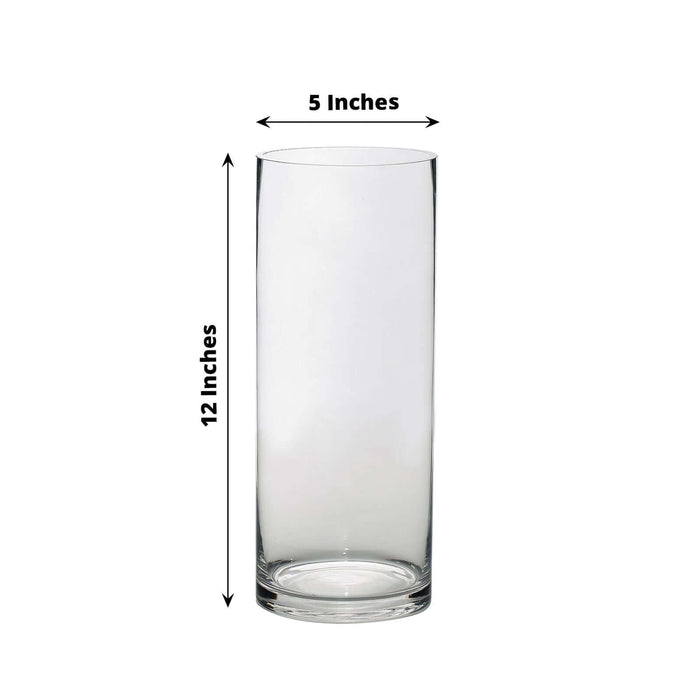Clear glass vase, 5 inches wide and 12 inches tall, studio shot.