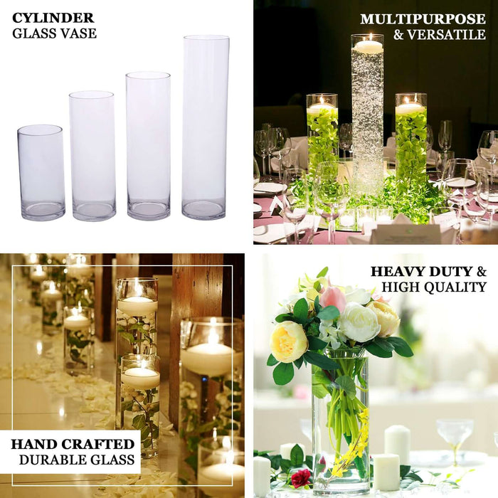 Set of cylinder glass vases in various sizes for versatile decor and floral arrangements.