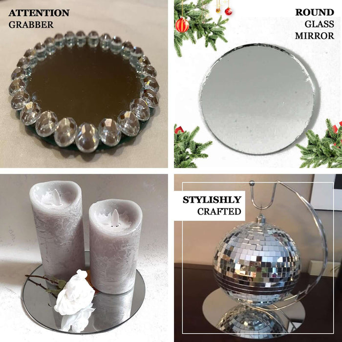 Round glass mirror with decorative edge, styled for elegance and sophistication.