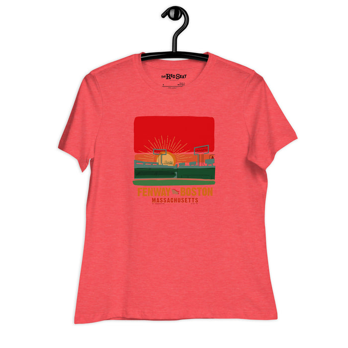 the red seat boston hand drawn design of sunset at fenway park red woman's T-shirt