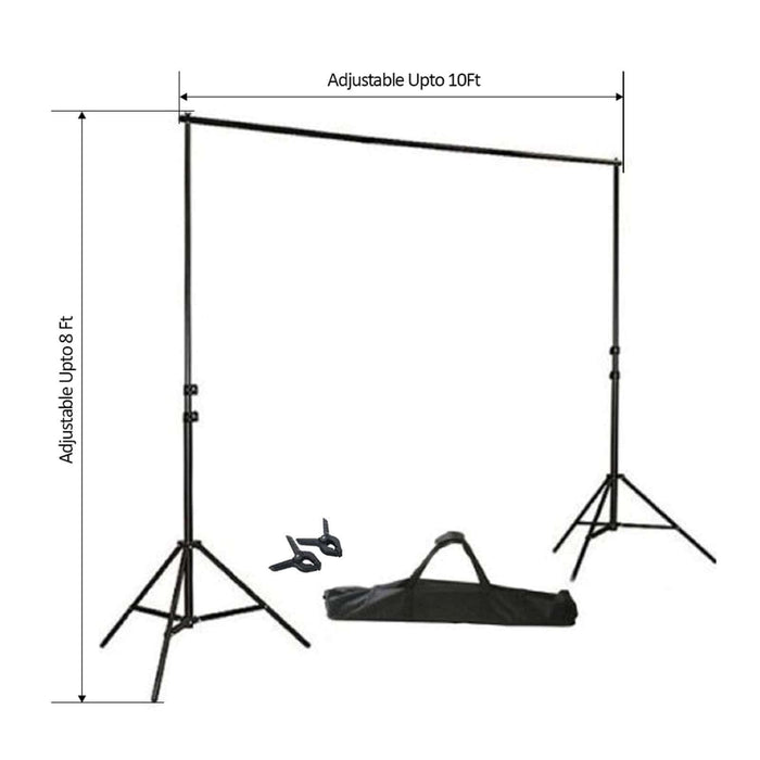 Adjustable photography backdrop stand with carrying bag, up to 10ft height.