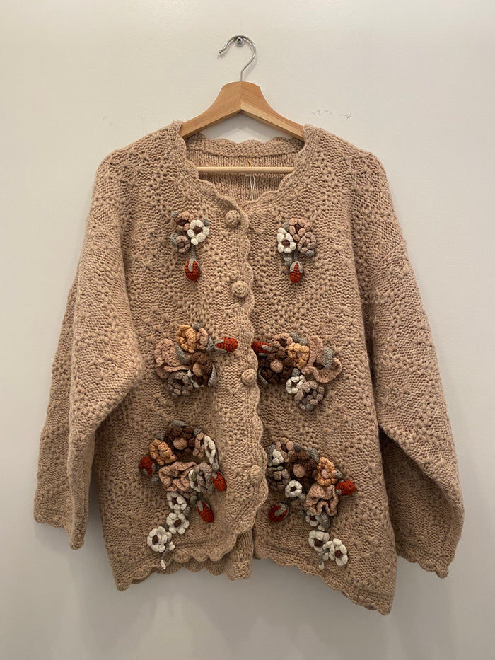 70s tan 3D flower wool knit cardigan - La Lovely Vintage