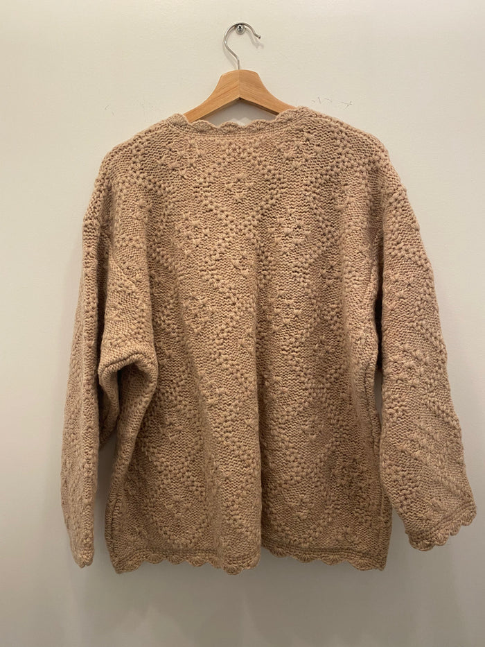70s tan 3D flower wool knit cardigan - La Lovely Vintage