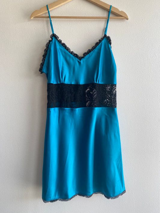 Vintage 80's Victoria's Secret Gold Label Teal and Black Slip - La Lovely Vintage