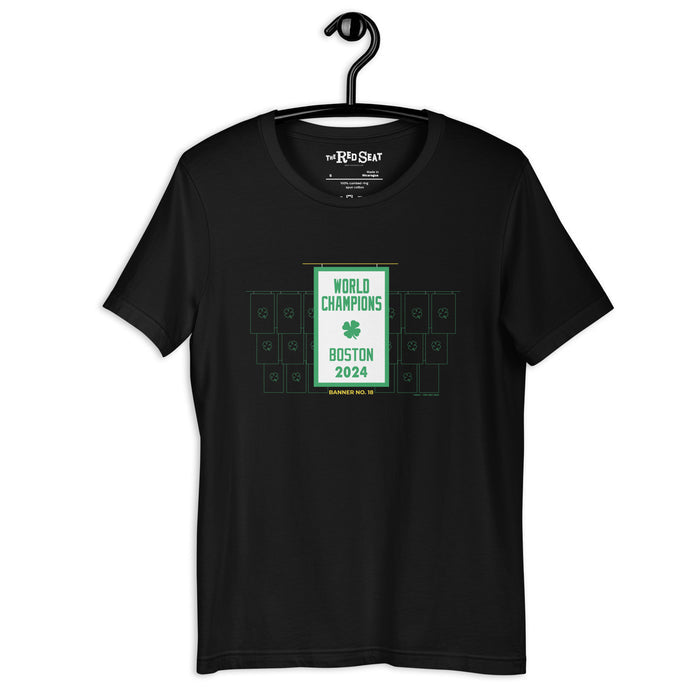 black unisex t-shirt with the boston celtics 18th NBA championship banner, on a hanger