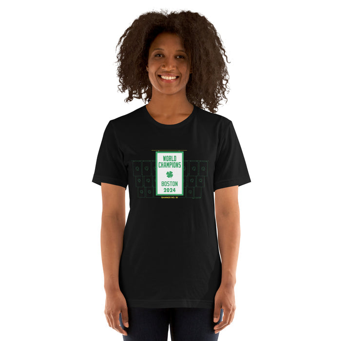 photo of woman wearing black unisex t-shirt with the boston celtics 18th NBA championship banner
