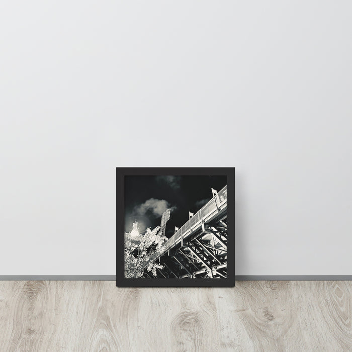 Black and white fine art photograph of the back of fenway park green monster nighttime in black frame