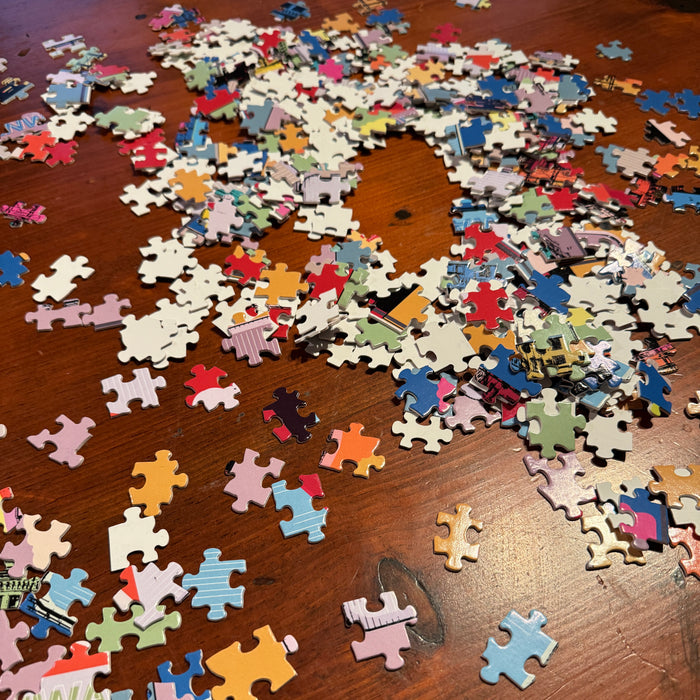 close up photo of a puzzle with 6 boston fenway park citgo sign designs in the style of andy warhol