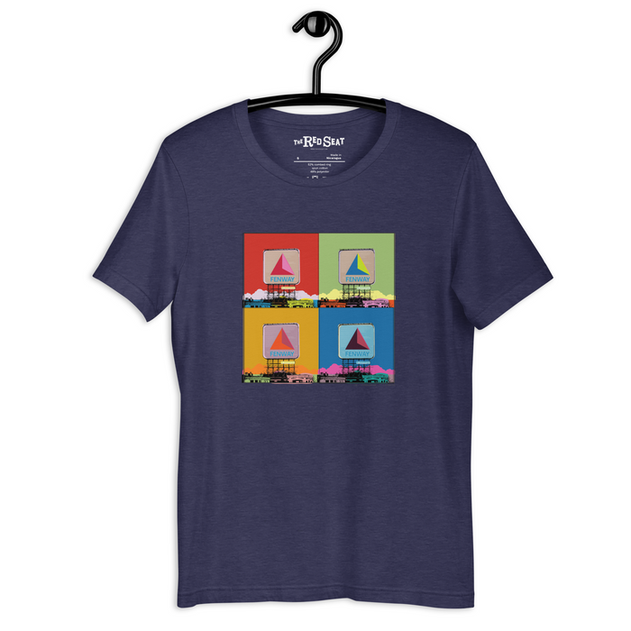 Navy blue unisex t-shirt with boston citgo sign design in colorful 4 up grid in the style of andy warhol, on a black hanger