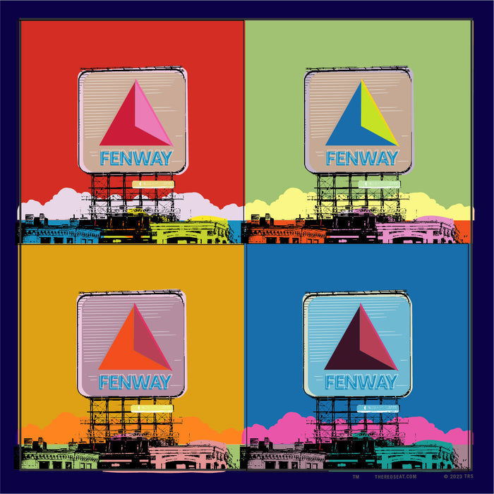Navy blue background design with boston citgo sign design in colorful 4 up grid in the style of andy warhol